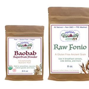 Shipetaukin Flavors of Africa Sampler Bundle: (1) Raw Fonio Ancient African Gluten Free Grain (8 Ounces), and (1) Baobab Superfruit Smoothie and Sauce Thickening Powder (6.5 Ounces)